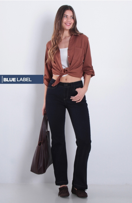 Jeans Flare Tiro Alto Pretina Basica 1 Boton