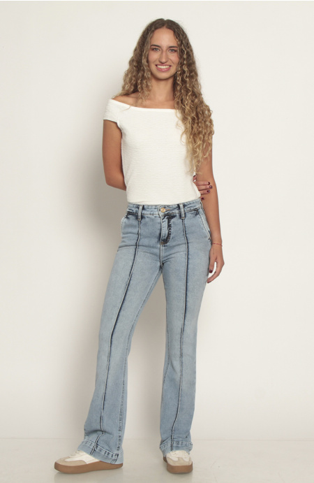 Jeans Flare Alforza Tiro Alto Pretina Basica 1 Boton