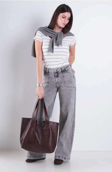 Jeans Wide Leg Tiro Alto Pretina Basica 1 Boton
