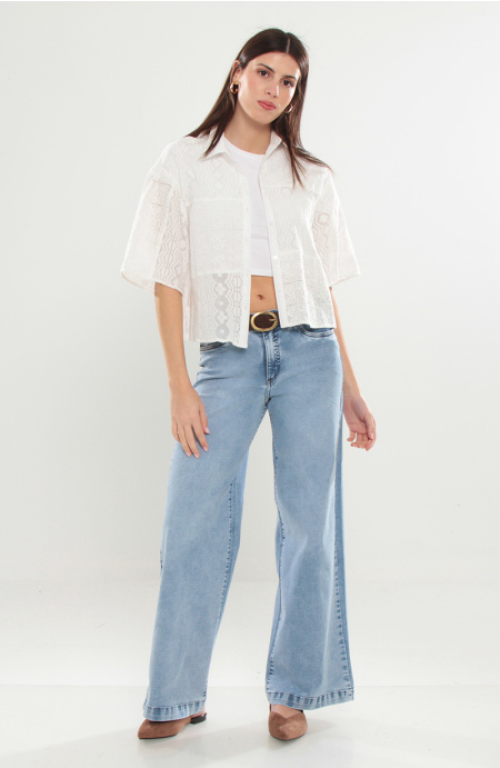 Jeans Tiro Medio Wide Pretina Basica 1 Boton