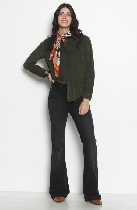 Jeans Flare Tiro Alto Pretina Basica Un Boton