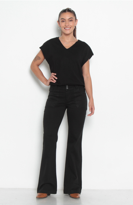 Jeans Cargo , Tiro Alto, Pretina Ancha Dos Botones , Pierna Flare