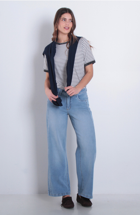 Jeans Wide Tiro Medio Pretina Basica Un Boton