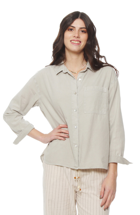 Blusa Manga Larga Lino Solido Abotonada En Delantero Y Bolsillo