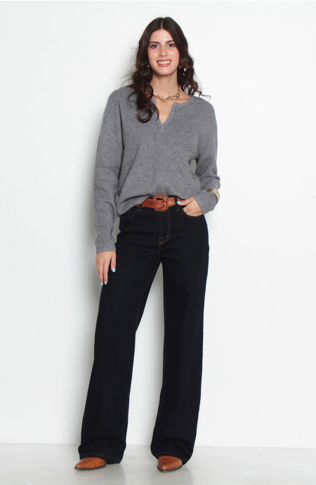 Jeans Wide Leg Tiro Alto  Pretina Basica 1 Boton