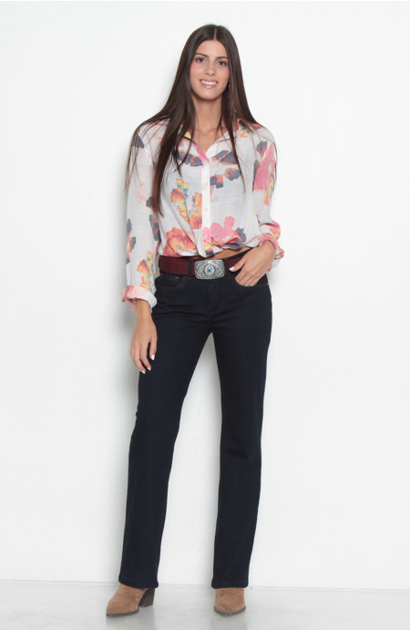 Jeans Recto Tiro Alto Push In Push Up Pretina Media 2 Botones