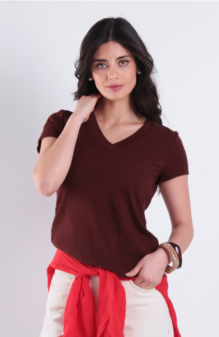 Polera Textura Manga Corta Escote V