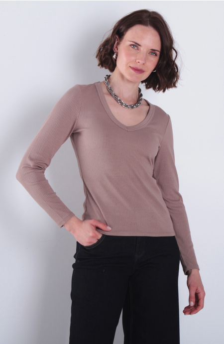 Polera Manga Larga Escote V Rib 5X2