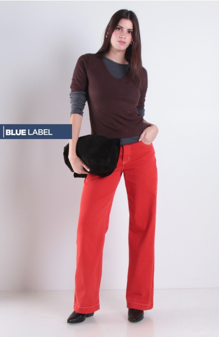 Jeans Wide Leg Tiro Alto Pretina Basica 1 Boton