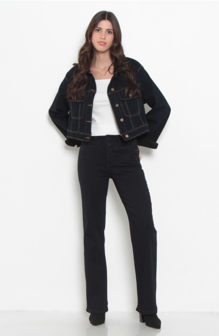 JEANS RECTO TIRO ALTO PRETINA BASICA CON UN BOTON