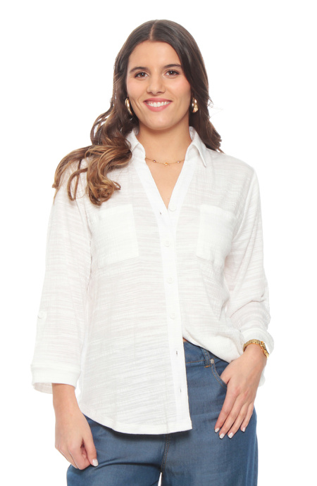 Blusa Manga Larga Solido Escote V Abotonada En Delantero