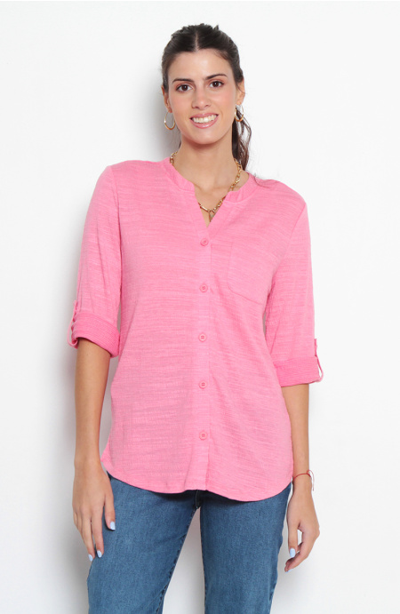 Blusa Manga 3/4 Abotonado En Delantero Con Bolsillo Escote V