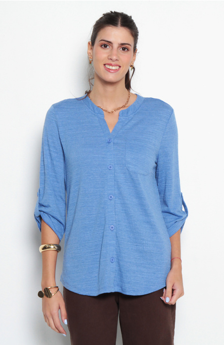 Blusa Manga 3/4 Abotonado En Delantero Con Bolsillo Escote V