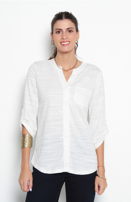 Blusa Manga 3/4 Abotonado En Delantero Con Bolsillo Escote V