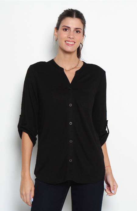 Blusa Manga 3/4 Abotonado En Delantero Con Bolsillo Escote V