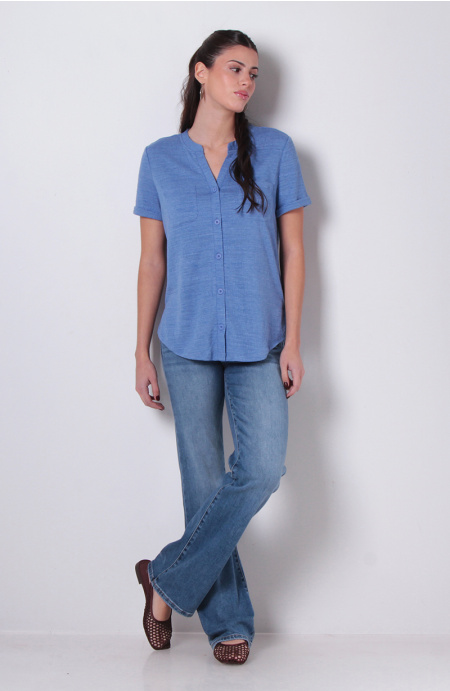 Blusa Manga Corta Abotonada En Delantero Con Bolsillo Escote V