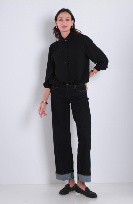 Blusa Manga Larga Solida Con Cintura Ajustable Y Bolsillos