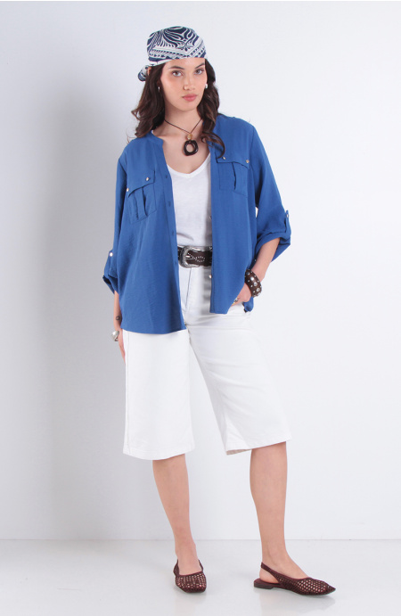 Blusa Manga Larga Abotonada En Delantero Con Bolsillos Escote V