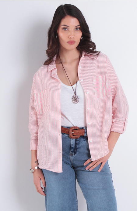 Blusa Listada Manga Larga Abotonada En Delantero Con Bolsillos