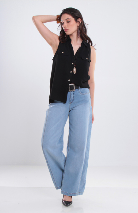 Blusa Sin Manga Abotonada En Delantero Escote V