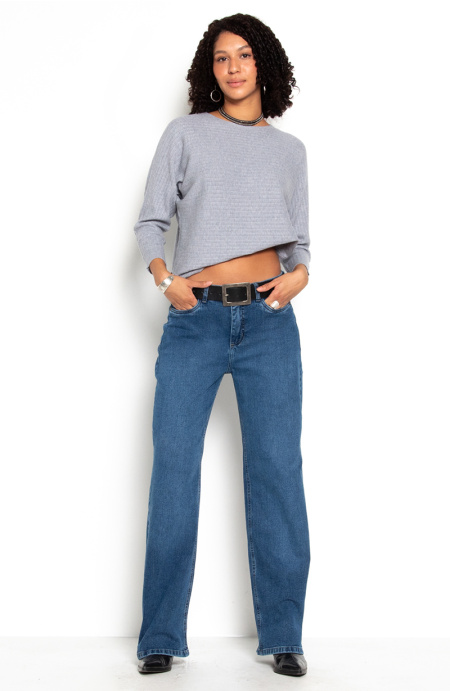 Jeans Wide Tiro Medio Pretina Basica 2 Boton