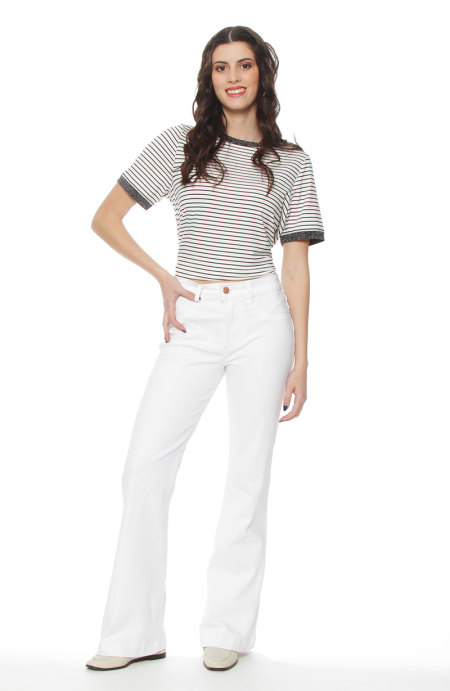 Jeans Flare Tiro Alto Push Up Pretina Basica Boton