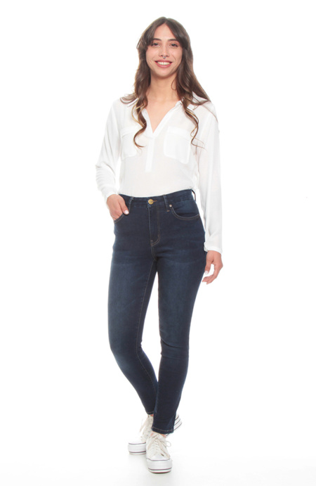 Jeans Slim Tiro Alto Pretina Basica 1 Boton