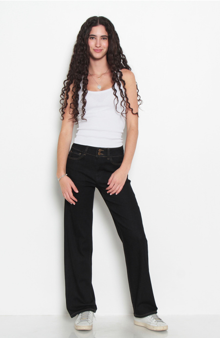 Jeans Recto Tiro Alto Pretina Media 2 Botones