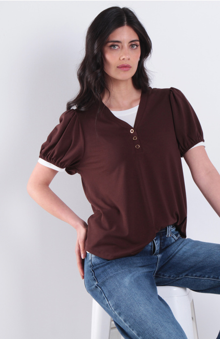 Polera Manga Corta Con Elastico Con Cuello En V Y Botones
