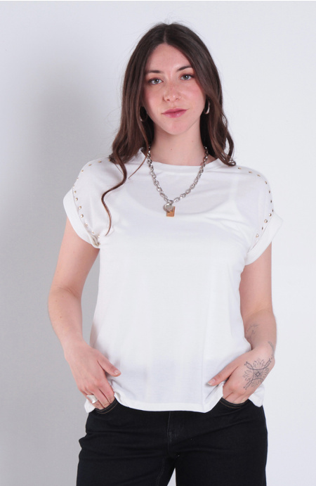 Polera Manga Corta Solida Escote Redondo Con Aplicacion En Hombro