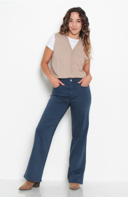 Jeans Color Wide Leg Tiro Alto Pretina Basica 1 Boton