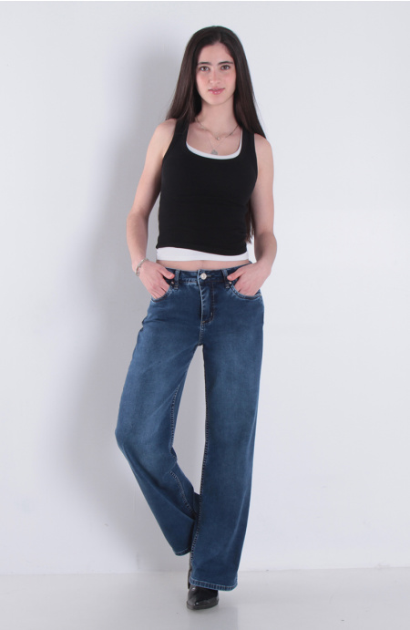 Jeans Wide Leg Tiro Alto Pretina Basica 1 Boton