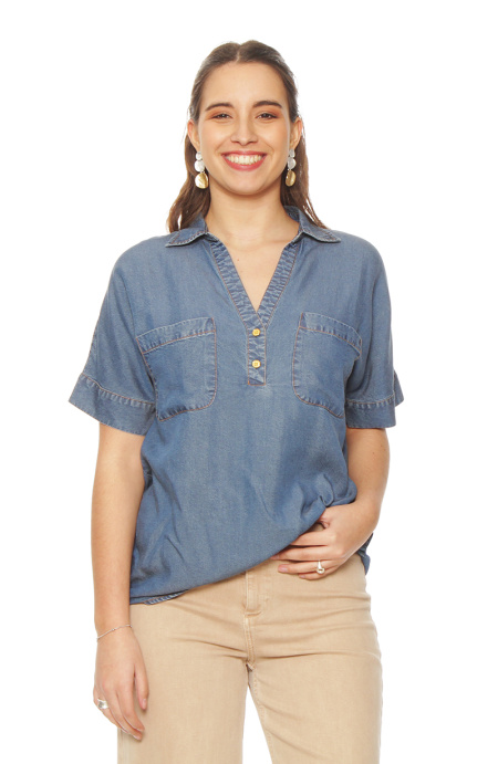 Blusa Manga Corta Tencel  Escote V Con Bolsillos