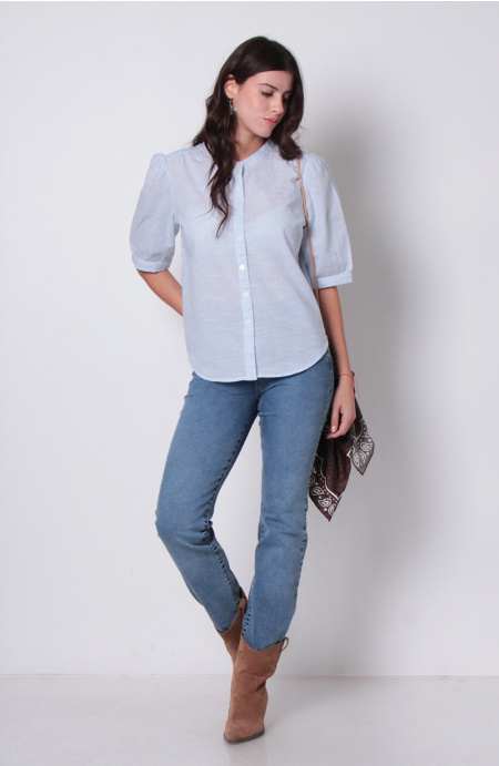 Blusa Manga Corta Listada Escote Redondo Abotonada En Delantero