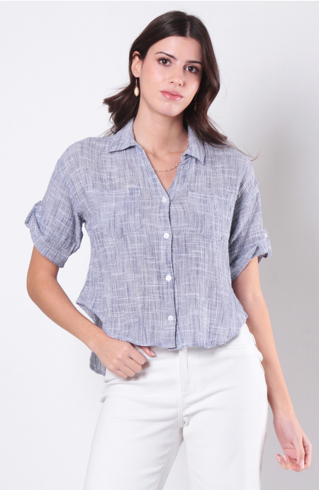 Blusa Manga Corta Abotonada En Delantero Con Bolsillo