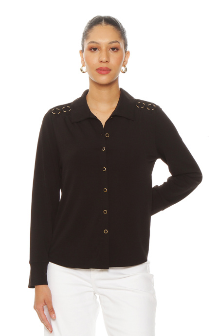 Blusa Manga Larga Abotonada En Delantero Con Aplicacion En Hombros