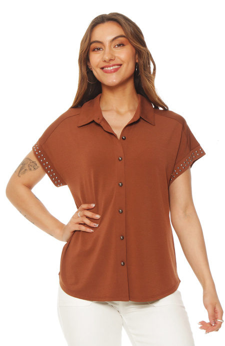 Blusa Manga Corta Abotonada En Delantero Y Aplicacion En Manga