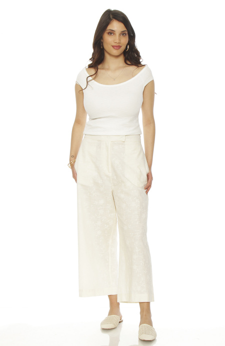 Pantalon Wide Leg Lino Bordado Tiro Alto Pretina Basica