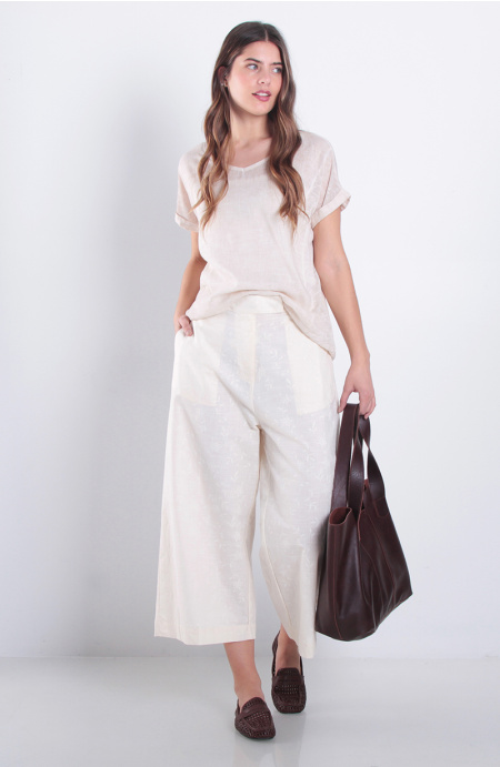 Pantalon Wide Leg Lino Bordado Tiro Alto Pretina Basica