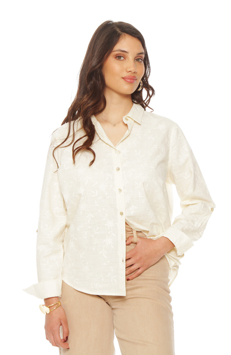 Blusa Manga Larga Lino Bordado Abotonada En Delantero