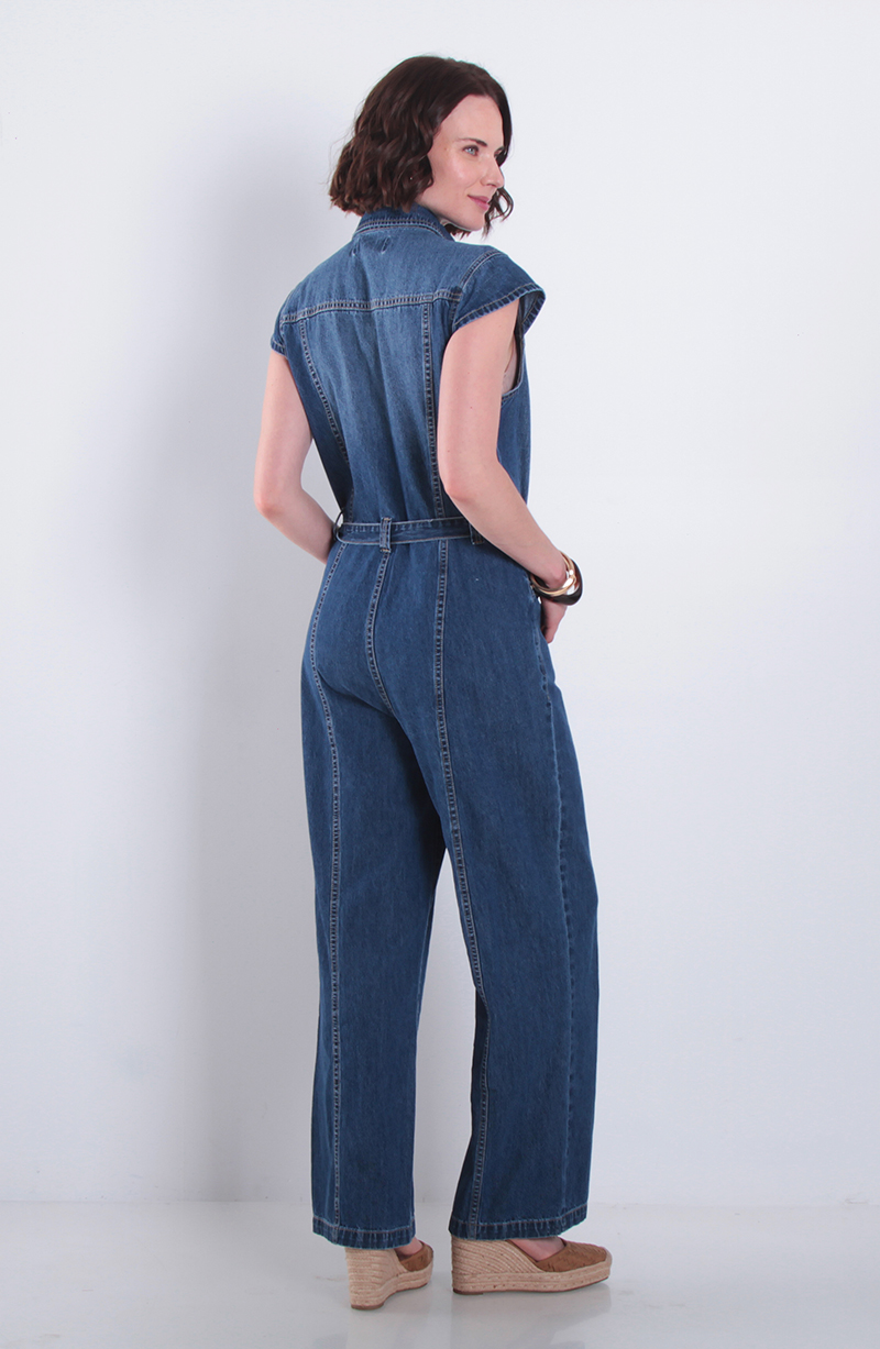 Enterito Denim Manga Corta Abotonado En Delantero Con Lazo En Cintura hover