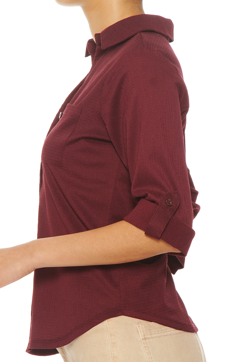 Blusa Manga 3/4 Solida Escote V Abotonada En El Delantero hover