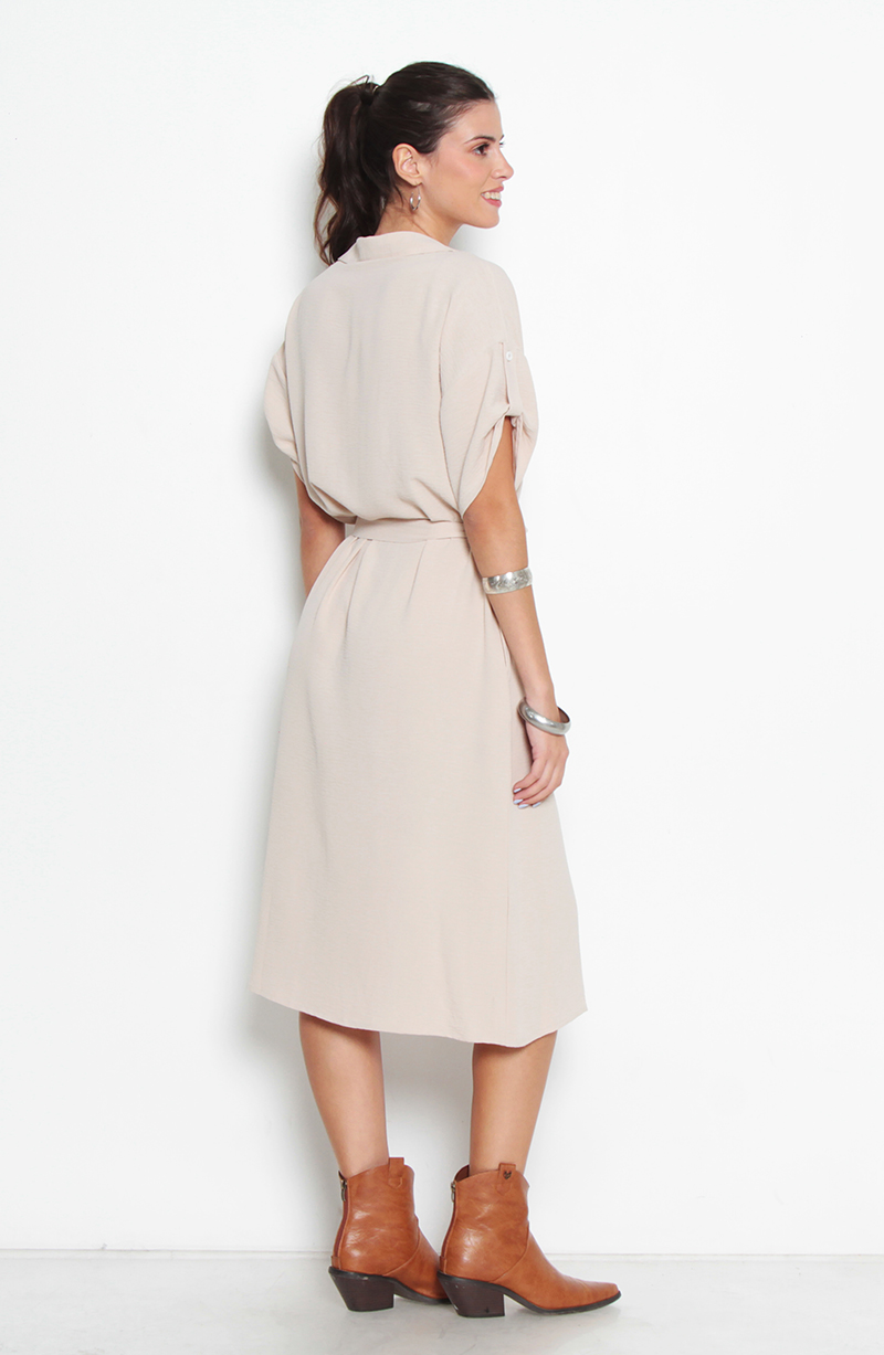 Vestido Manga Corta Abotonada En Delanter Con Lazo En Cintura hover