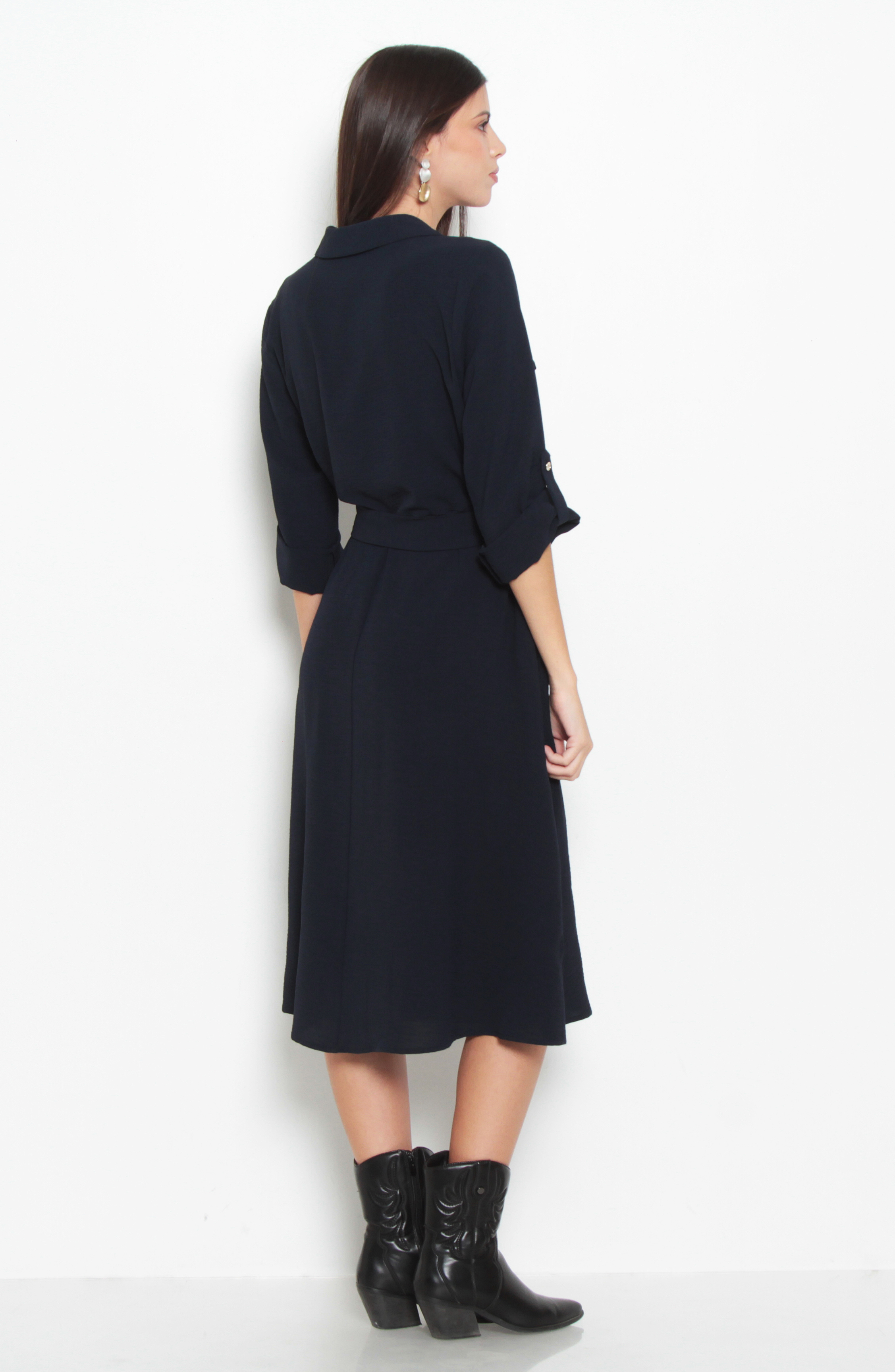 Vestido Manga Larga Escote V Con Lazo En Cintura|| hover