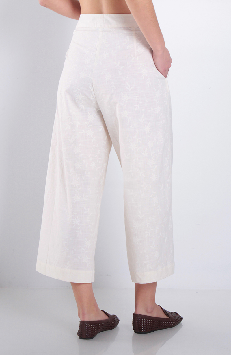 Pantalon Wide Leg Lino Bordado Tiro Alto Pretina Basica hover